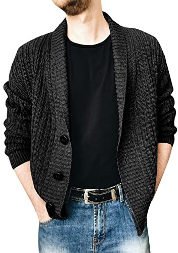 Cardigan da uomo in maglia grosso con scollo a V e bottoni in maglia a cavo casual slim morbido cardigan sportivo a maniche lunghe maglione da uomo confortevole giacca da bavero, Grigio scuro, S