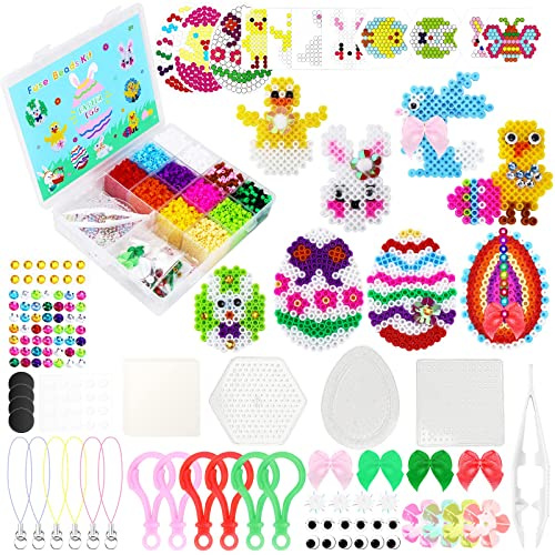 Zoyomax Perles à Repasser Set de Pâques, 4200 Perles de 5mm, 12 Couleurs avec Boîte de Rangement, Plaque Perle Papier à Repasser, Décoration DIY de Bijoux, Cadeau Anniversaire pour Garçon Filles