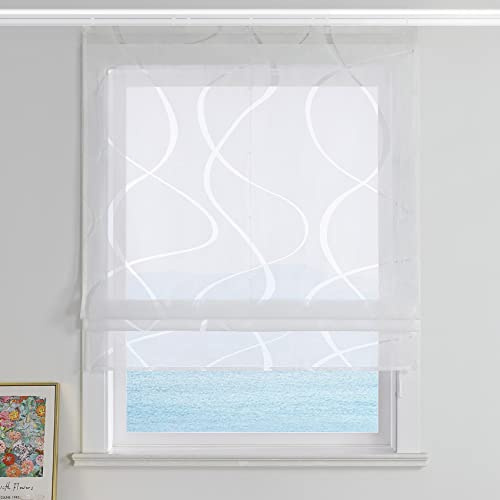 ESLIR - Tenda a pacchetto con chiusura in velcro, per soggiorno e cucina, trasparente, con cordoncino, motivo a onde, moderna, colore bianco, 60 x 140 cm (larghezza x altezza), 1 pezzo