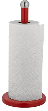 Relaxdays Küchenrollenhalter stehend, Edelstahl, Papierrollenhalter für Küche, HxD: 35 x 15 cm, Rollenhalter, rot/Silber