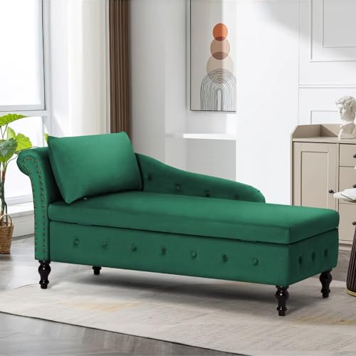 ACMEASE Upholstered Chaise Lounge with Left Armrest & Lumbar Pillow,Button Tufted Lounge Sofa with Storage,Lounge Chair Indoor,Modern Velvet Lounge Chair for Bedroom, Living Room and Office,Green