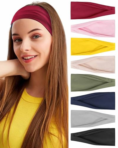 BELEVO 8 Stück Haarband Damen, Elastische Stirnband Damen Dünn rutschfest Haarbänder Sport Stirnbänder Weiches Headband Hair Band für Yoga Exercise Workout Laufen Gym