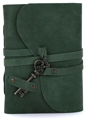 Fausta Vintage Key Leather Journal 7x5” Handmade Notebook, 240 Pages Deckle Edge 150 GSM Cotton Paper – Hunter Green Travel Diary, Sketchbook, Gift for Men & Women