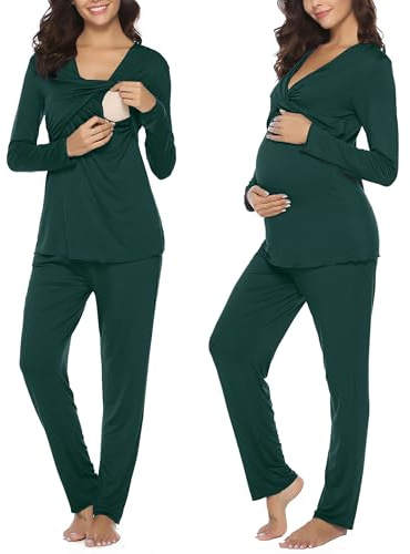 Irdcomps Ensemble de Pyjama Maternité Coton Pyjama de maternité Couleur Unie Longue Vêtements de Nuit Grossesse Pyjama Allaitement Bleu Foncé S