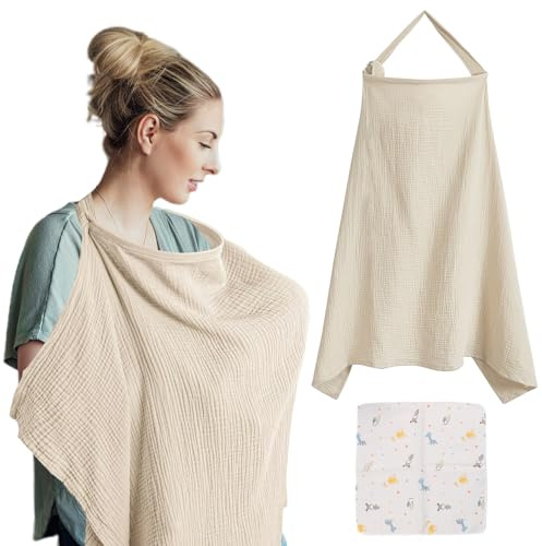 VEGCOO Couverture Allaitement Bébé, Couvertures d'allaitement, Tablier Allaitement Bebe et Serviette de Salive, Cache Allaitement Écharpe pour Mamans, Coton Douce Respirante Ajustable (couleur avoine)