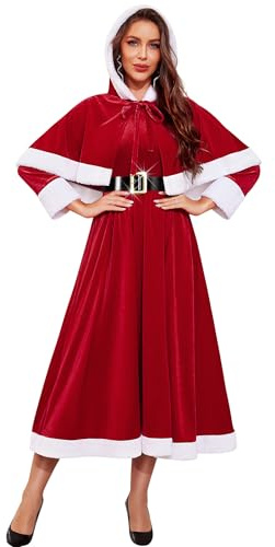 RSLOVE Disfraz de Santa Claus para mujer, disfraz de Navidad con gorro y capa con capucha, rosso, L