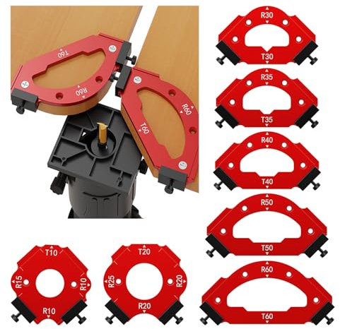 Lot de 7 gabarits de défonceuse d'angle avec clip amovible en alliage d'aluminium pour le travail du bois Outil auxiliaire de coupe à l'arc R10 R15 R20 R25 R30 R35 R40 R50 R60