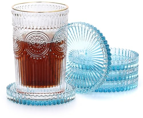JUXYES Paquete de 5 posavasos redondos de vidrio, posavasos de vidrio transparente para bebidas, café, té, vino, posavasos decorativos para botellas de vino, posavasos de cristal para restaurante,