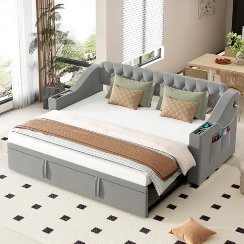 Trdlpyn Divano Letto Estraibile 90/180 x 190 cm, Divano Letto Imbottito con Porta USB e Tasche Portaoggetti, Contenitore Integrato nei Braccioli, Letto per Ospiti Tessuto in Velluto, Rete a doghe