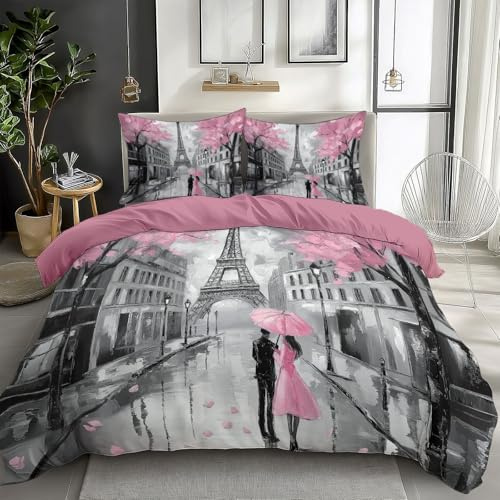 XCQHZYQ Funda Nordica Poliéster Algodón para Cama 180 Cuadro Al Oleo Paris Romantico 3 Piezas Juvenil Juego de Funda Nordica 240x260 cm Suave Transpirable y 2 Fundas de Almohada de 50x75 cm
