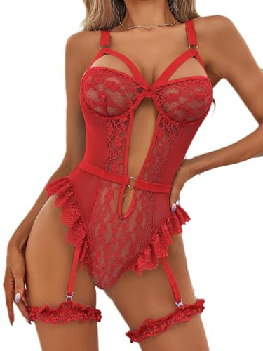 Satohom Women's Mesh Lingerie Sets with Wide Garter Belt Push Up Underwire Bodysuit, One Size Sexy Floral Lace Strappy Teddy Babydolls Snap Crotch Underwear Set with Thigh Cuffs for Women UK Red