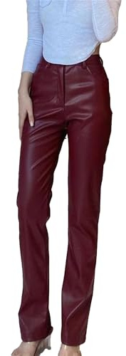 Pantalon en Cuir pour Femme, Taille Haute, Coupe Droite, Style décontracté, évasé, en Similicuir, avec Boutons argentés