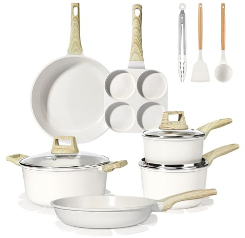 GiPP Set de Poêles et Casseroles avec Revêtement Céramique Antiadhésif - 17 Pièces Induction Lot de Poele avec Spatule + Cuillère, Sans Toxiques, Convient à Différents Types de Cuisinières