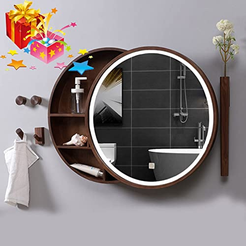 CVERTHAF Botiquín de baño con luz LED y Espejo de tocador Deslizante, Redondo, de Pared, para baño (Color Nogal, 50 cm)