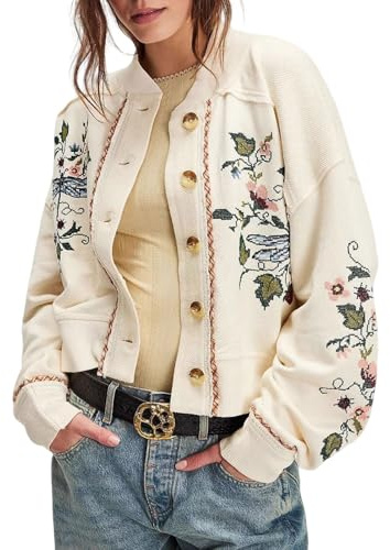 loveimgs Women Chunky Knit Cardigan Embroidered Button Cardigan Jacket Crop Sweatshirt Outwear Collarless Fall Outfits 2025 (XX-Large, Beige)