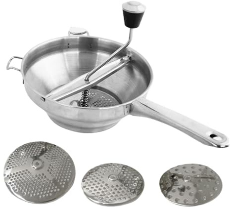 Mulino da cibo in acciaio inossidabile 3 in 1 | 3 dischi intercambiabili per macinazione fine, media e grossolana | Base a mano ergonomica e non slip | Crea puree perfette, salse, zuppe e cibo per bam