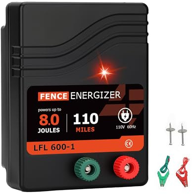 Electric Fence Charger AC Powered 110 Miles, 110 Volt 8 Joule Plug-in Electric Fence Energizer, Output Voltage Max 11.3 KV for Livestock, Preventing Predators from Intruding