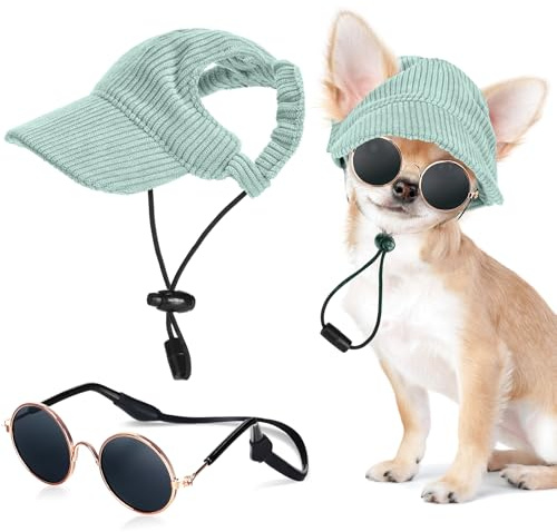 Jadive Small Dog Sun Hat with Ear Holes, Dog Cat Sunglasses with Anti-Slip Silicone Rope Baseball Cap Adjustable Puppy Sunbonnet Headdress Beach Visor Hat for Puppies Summer Outdoor(Green)