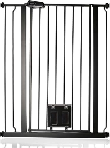 Bettacare Haustiergitter mit Verriegelbarer Katzenklappe, 81.4cm - 89cm, Schwarz, 104cm in der Höhe, Extra Hohes Haustier Sicherheitsgitter mit Katzenklappe, Einfache Installation