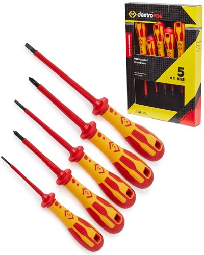 C.K Dextro VDE Set of 5 Screwdrivers SLP & PH, Slotted Parallel Phillips Head PH1 PH2 SL, Electricians Insulated Flat Head & Philips Screwdriver Sets, Electrical Terminal Screw Driver, Tools T49182D