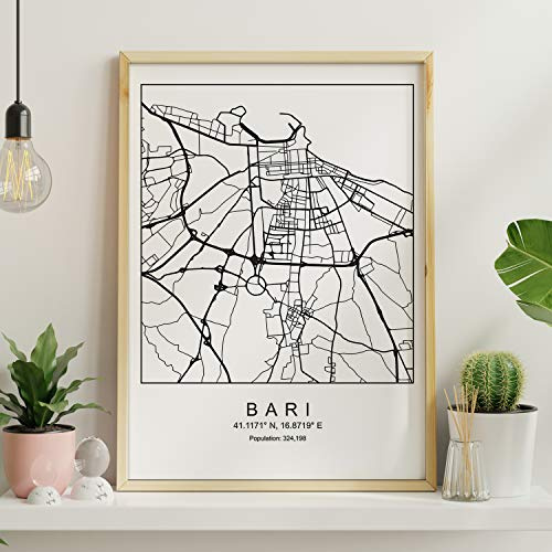 Stampa Mappa della Città in Stile Bari Nordic Bianco e Nero. A3 Formato della Carta Stampata No 250 gr. Dipinti, Stampe e manifesti per Soggiorno e Camera da Letto