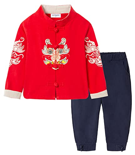 Mud Kingdom Boys Outfits with Dragon Embroidery New Year Tang Suit for Little Boy Traditional Chinese Style 2-Piece Set Frog Button Red 7-8 Years