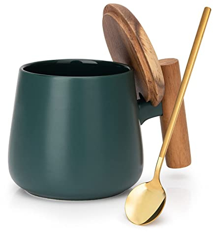 GOOD ALWAYS Ceramic Coffee Mug, Tea Cup for Office and Home, 14 Oz Coffee Cup with Lid and Spoon,Fathers Day, Birthday Gifts, House Warming Presents for New Home, 1 Pack (Dark Green)