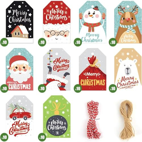 Koogel Geschenkanhänger für Weihnachten, 100 Stück 10 Verschiedene Designs Geschenkanhänger Etiketten mit 20M Schnuren für Weihnachten Dekoration 7 x 4.5cm