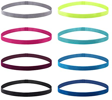 VEGCOO 8 PCS Bandes de Sport Élastiques Antidérapantes, Bandeau Cheveux pour Femmes et Hommes, Bandeau Fin Cheveux pour Yoga/Pilates/Fitness/Cyclisme/Football