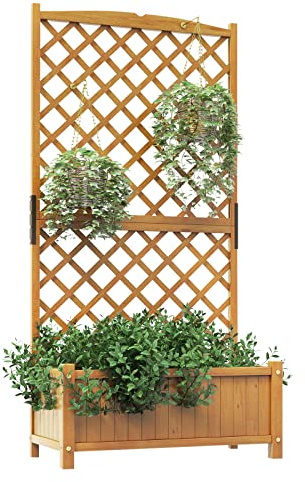 COSTWAY Blumenkasten mit Spalier, Tannenholz, Pflanzkasten für Kletterpflanzen, Pflanzkübel mit Sichtschutz, Hochbeet mit Rankgitter & Drainageloch, Blumenkübel für Garten Hof Balkon (Retro)