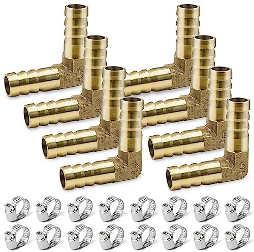 GZhaizhuan Lot de 8 raccords de tuyau, 10 mm, 2 voies en forme de L, coude à 90 degrés, raccord barb en laiton pour liquide et gaz, avec 16 pinces