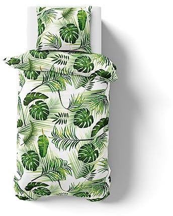 Visaggio 2 teilige Bettwäsche 135x200cm Bettbezug Garnitur Set YKK Reißverschluss Tropische Blätter Grün Weiß