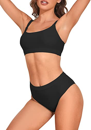 Women Black Bikini Set Two Piece High Waisted Bikini Sets for Women 2026 Sporty Swimsuit 2 Piece Bathing Suits Athletic Swim Suit Set M