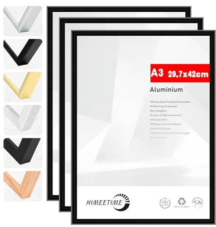 HIMEETIME® 3x Cornice A3 nero in metallo e alluminio – 30x42 cm (per documenti 29,7x42 cm) – per collage grande, foto e quadri – decorazione da parete