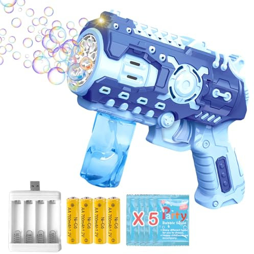 Seifenblasenmaschine Seifenblasenpistole Wiederaufladbar für Kinder mit 5X Seifenblasen Nachfüllflasche Blau