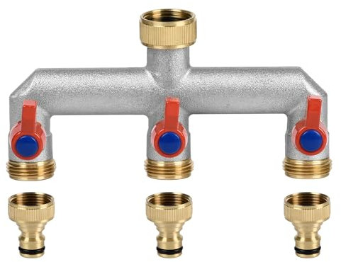 Befun 3/4 Inch 3 Way Brass Tap Splitter, Hose Tap Splitter Connection with 3 Individual Valves On/Off and Three Quick Connector for Garden Kitchen Faucet Watering System