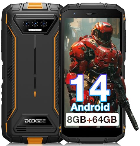 DOOGEE Movil Resistente Agua y Golpes S41T, Android 14, 8GB +64GB, 6300mAh Batería, Telefono Movil Libre 4G, Triple Cámara de 13MP, 5.5 Pulgadas Moviles Antigolpes, NFC/Face ID/GPS, Naranja