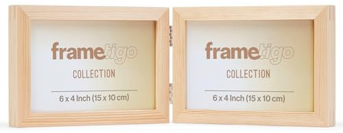 Frametigo - Solid Pine Natural Wood Double Landscape Photo Frame, 6”x4” (15x10cm) Photo Size - Velvet Frame Backing & Stand - Double Spline Joint - Polished Edge Real Glass - Stylish Wooden Frames
