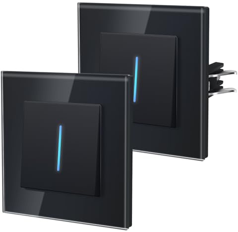 BSEED Interrupteur va-et-vient, Interrupteur Mural Connexion rapide, Borne à encliquetage, Modern Interrupteur Avec Voyant Lumineux, Verre,1 Gang 2 Voie - 2 Paquets,86mm Noir