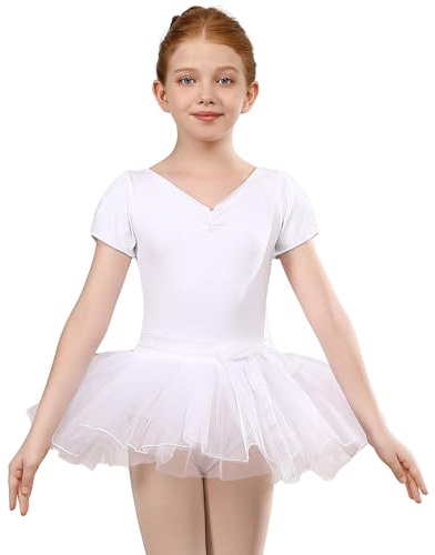 HIPPOSEUS Filles Tutu de Ballet Robe de Danse avec Rubans Justaucorps Danse Manche Courte pour Enfant, STD1