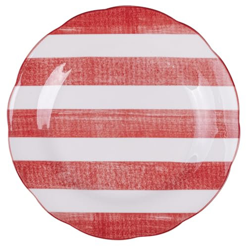 Set 6 Piatto frutta in porcellana, bordo smerlato decoro righe, rosso, Versilia