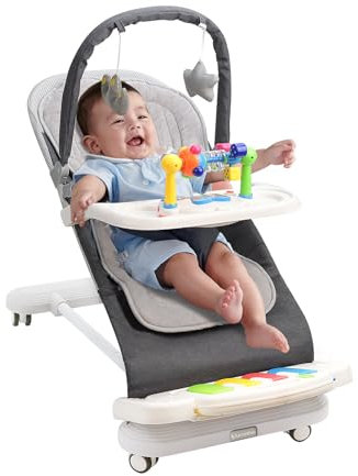 Baby Bouncer with Detachable Piano Toys, Baby Rocker with Feeding Tray, Removable Toy Bar, Thickened Cushion and Wheels. 4-Level Adjustable Bouncer Chair for Infants 0-18 Months (Light Grey)