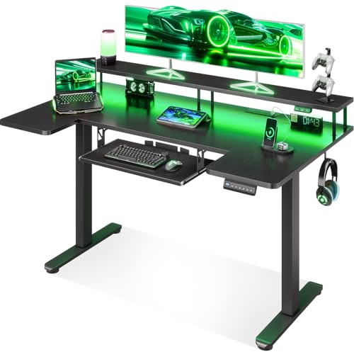 OffiGo Standing Desk, 140cm U Shaped Height Adjustable Desk with Monitor Stand, Electric Sit Stand Rising Table with Sockets, Gaming Computer Table with LED Light for Home Office Workstation, Black
