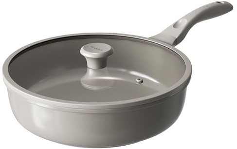 Redchef Ceramic Coated Nonstick Frying Pan with Cover, Large Deep Saute Pan Skillet, Induction Ready, Dishwasher Safe, PFOA PFOS Free, Non Toxic, Glass Lid Large Deep Frying Pan, Grey (5.5Qt, 12)