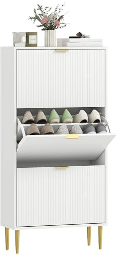 HOMCOM Zapatero Estrecho con 3 Puertas Acanaladas Zapatero Entrada Recibidor con Estantes Ajustables para 18 Pares de Zapatos 60x24x122,5 cm Blanco