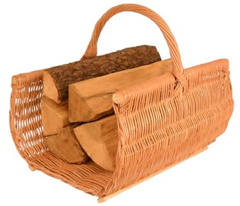 Aqbau® Panier à bois de cheminée 50 x 38 cm en osier avec lattes en bois – Porte-bois de cheminée stable – Panier fait main pour bois de feu, rangement ou décoration, paniers en bois, panier à bois de