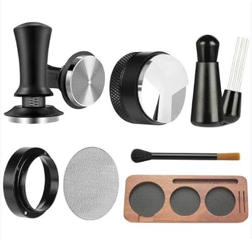Set completo de 7 herramientas de espresso de 51 mm con estación de tamping, distribuidor, herramienta WDT, anillo dosificador, pantalla de tamizado, cuchara y cepillo de limpieza: accesorios