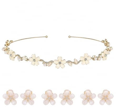 ARYIMYDP 1 Accessorio per Capelli da Sposa e 6 Mollette con Fiorellini Bianchi, Coroncina di Fiori Fascia per Donna Ragazza o Bambina, Ideale per Matrimoni, Feste e Ritrovi.