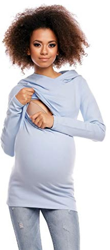 Selente Mummy Love damhuvtröja/långärmad tröja för amning och som mammamode (tillverkad i EU) tillverkad av 100 % bomull för graviditet och amning, Långärmad tröja med huva ljusblå, XXL