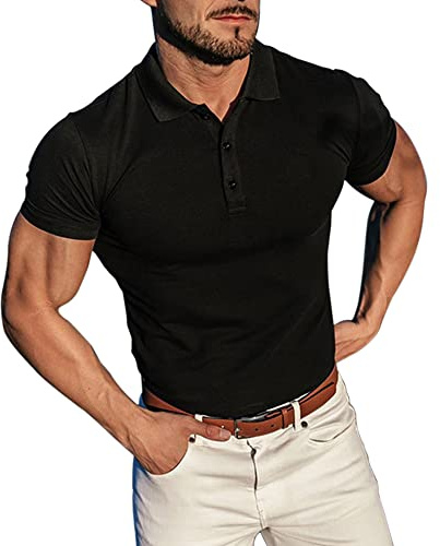 Hombres Manga Corta Casual Camisetas tee con Camisas de Polo Elástico Algodón Negro S